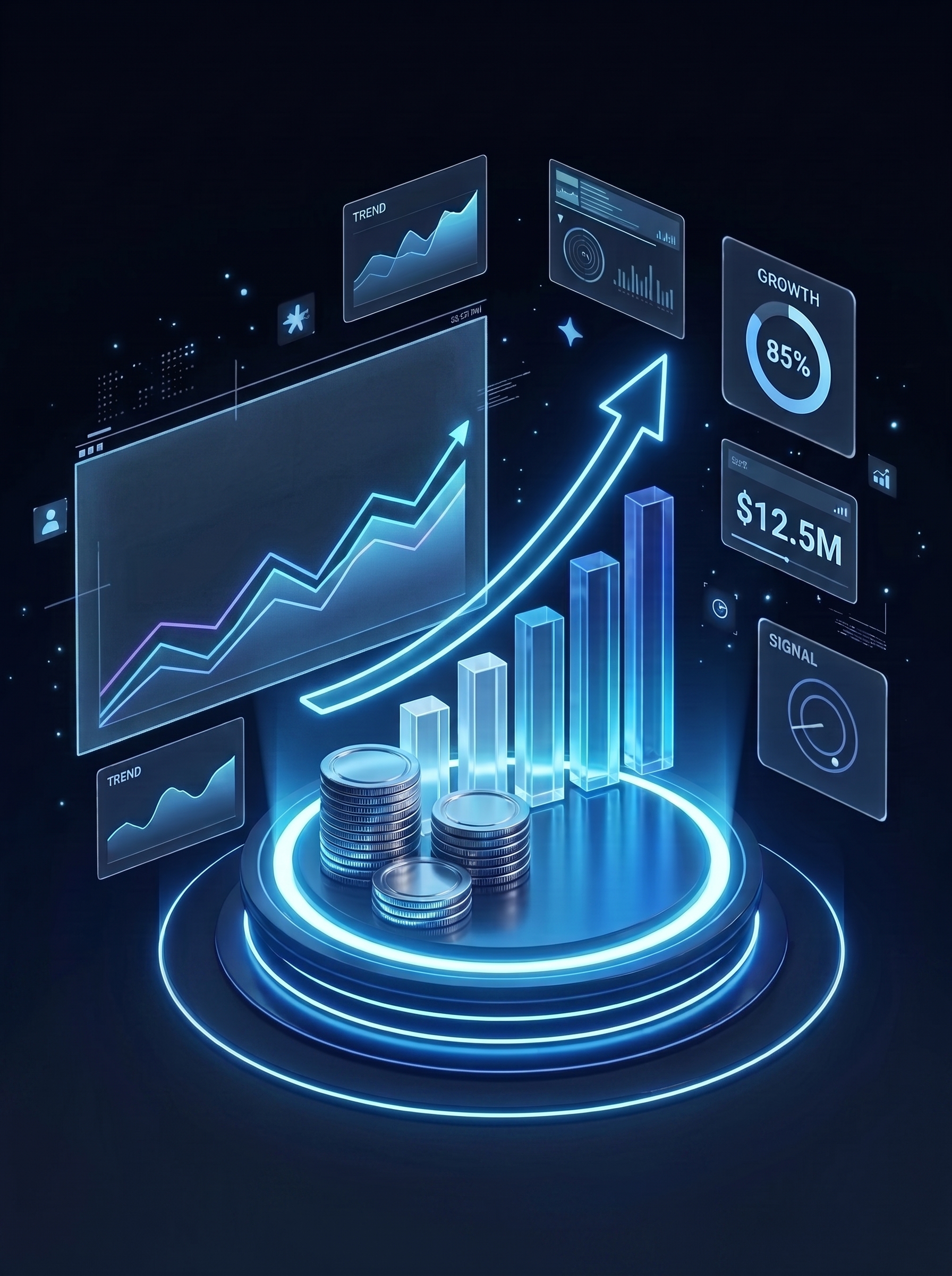 Glowing growth chart rising above a podium of coins and floating data panels
